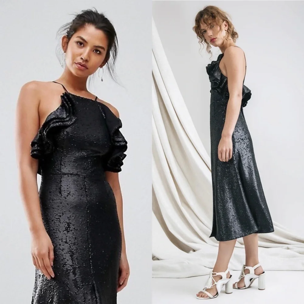 C/MEO Sequin Ruffle Halter‎ Square Neck Sleeveless Fit & Flare Slit Midi Dress S
